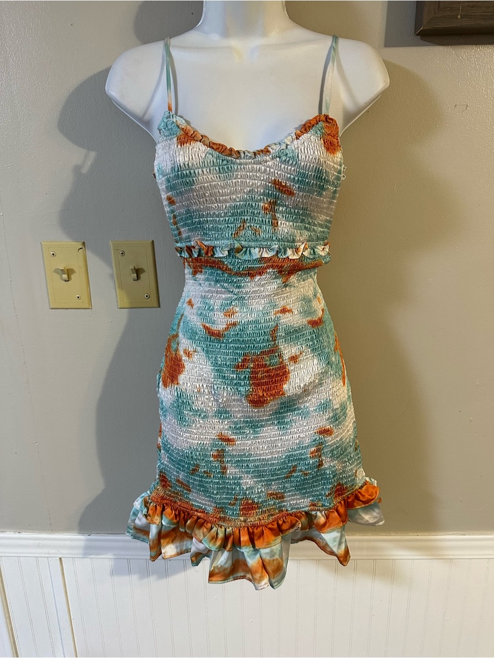 SHEIN Teal & Orange Smocked Tie-Dye Mini Dress